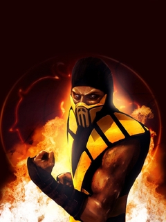Картинка: Scorpion, ниндзя, Mortal Kombat, огонь, стойка