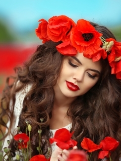 Image: Girl, brunette, makeup, hair, wreath, flowers, poppy, red, field