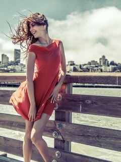 Image: Girl, dress, red, hair, wind, develops, embankment, fence, city, sky