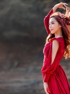 Картинка: Азиатка, модель, девушка, волосы, платье, красное, на ветру
