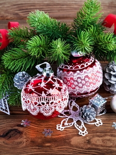 Image: Branch, tree, needles, balls, toys, stars, snowflakes, pine cones, ribbon, new year, decor, decoration