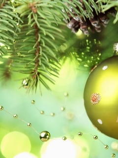 Картинка: Веточки, ель, иголки, шишки, шар, бусинки, игрушка, украшение, Новый год