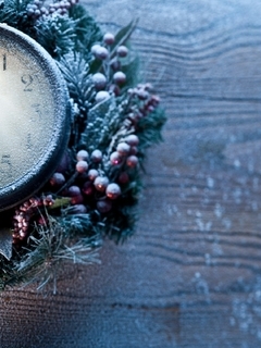 Image: Clock, New year, time, branches, decoration, toys, frost