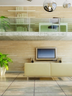 Картинка: Лестница, растения, диван, стулья, полки, телевизор, колонки, окно