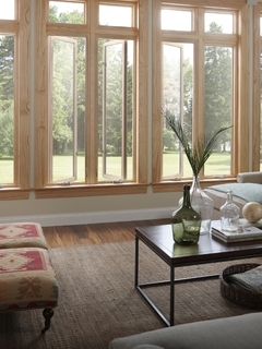 Image: Room, wooden windows, furniture, fireplace, carpet, table, design