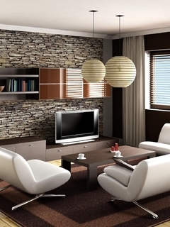 Image: Room, TV, carpet, lamps, sofa, window, brown design