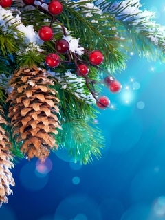 Image: Winter, tree, branches, cones, snow, berries, bokeh