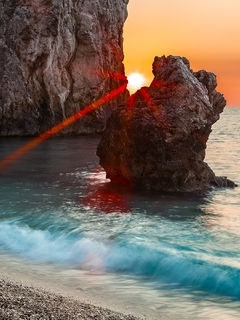 Картинка: Берег, море, скалы, вода, волна, закат, солнце, лучи, горизонт