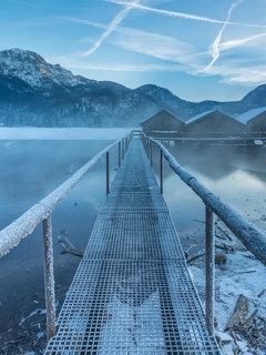 Картинка: природа, озеро, мостик, горы, зима, снег, лед