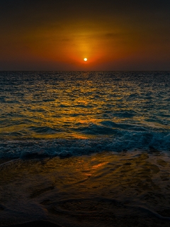 Картинка: Пейзаж, вода, волны, море, берег, горизонт, солнце, закат, небо, вечер