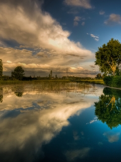 Image: Lake, water, trees, sky, clouds, reflection