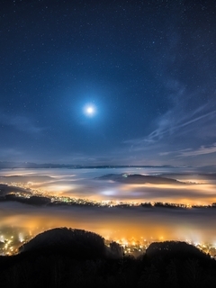 Картинка: Пейзаж, небо, ночь, свет, звёзды, город, туман, огни, горизонт, холмы