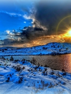 Image: Landscape, winter, snow, river, sun, rays, sky, trees, clouds