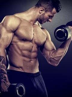 Картинка: Мужчина, бодибилдер, мышцы, тело, татуировка, гантели