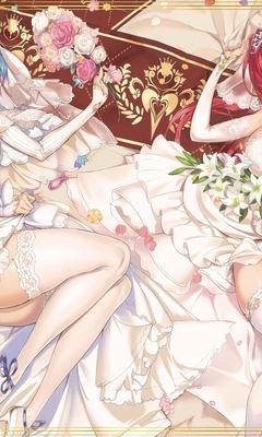 Image: Girls, art, anime, Shinmai Maou no Testament, brides, lying, flowers, champagne, dress