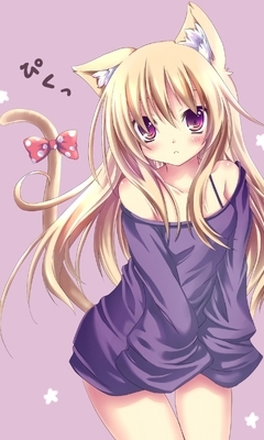 Картинка: Аниме-девушка, блондинка, волосы, кошка, ушки, глаза, хвостик, бантик, звездочки