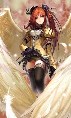Картинка: Девушка, красноволосая, крылья, перья, снежинки, ангел