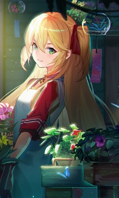 Картинка: Девушка, блондинка, лицо, глаза, аниме, цветы
