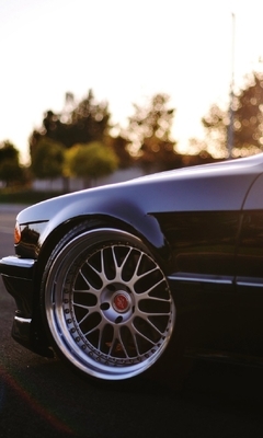 Image: BMW, E38, tuning, wheel, drive, road, marking, night, sun