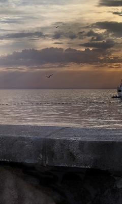 Image: Boy, ship, water, sea, sunset, seagulls, sky, clouds, mood, sadness