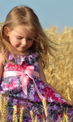 Картинка: Девочка, платье, бантик, пшеница, колосья, поле