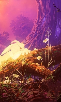Картинка: Кролик, лежит, спит, лес, дерево, растения, вечер