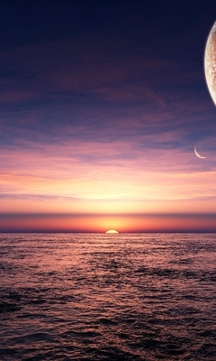 Image: Sky, planet, clouds, star, sunset, water, horizon, ocean, sea