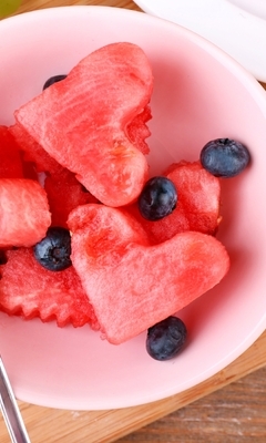 Image: Watermelon, slices, berries, hearts, plate, fork, food, summer