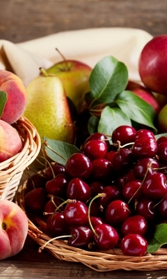Картинка: Персики, груши, черешня, урожай, фрукты, ягоды, листья, корзинки