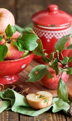 Картинка: Яблоки, витамины, листья, чашка