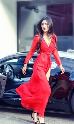Картинка: Девушка, азиатка, красное платье, походка, суперкар, Bugatti