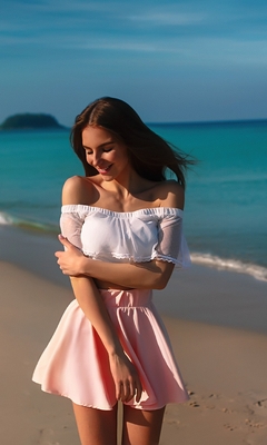 Картинка: Галина Дубененко, модель, улыбка, настроение, девушка, юбка, розовая, позирует, море, песок