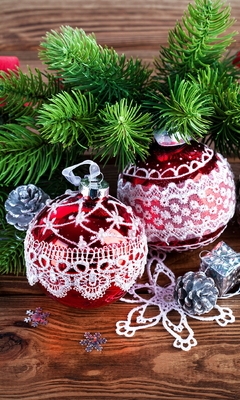 Image: Branch, tree, needles, balls, toys, stars, snowflakes, pine cones, ribbon, new year, decor, decoration