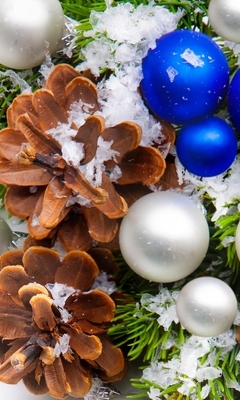 Картинка: Шишки, шары, Новый год, ветки, зима, декор