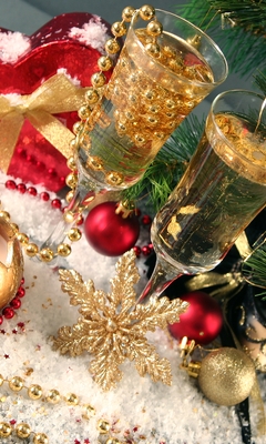 Image: New year, Christmas, holiday, wine glasses, beads, snowflakes, candle, toys, mask, branches, fir-tree, heart, gift, box