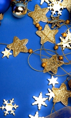 Image: New year, Christmas balls, stars, snowflakes, decoration, beads, lie, blue background