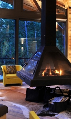 Image: Fireplace, curtain, fire, window, room, light, furniture