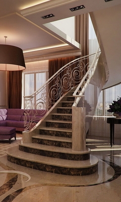 Картинка: Квартира, дизайн, лестница, стул, диван, торшер, люстра, картина, окно