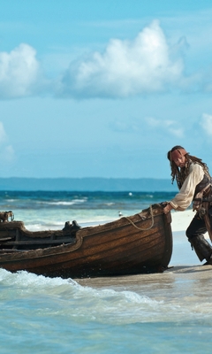 Картинка: Джек Воробей, Джонни Депп, лодка, побег, океан, берег, остров, небо, пальма, пират, Пираты Карибского моря, море