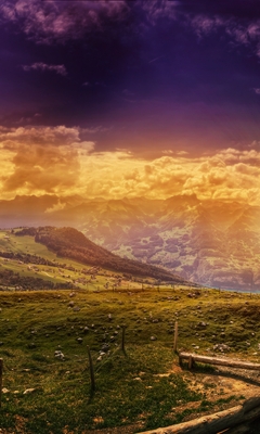Image: Valley, mountains, hills, trees, fence, evening, sunset, landscape, sky