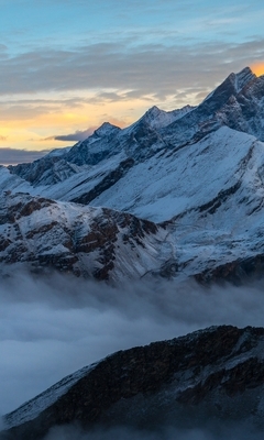 Картинка: Горы, пейзаж, снег, туман, облака, небо, хребет, закат