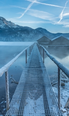 Image: nature, lake, bridge, mountains, winter, snow, ice