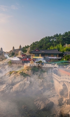 Image: coast, sea, rocks, forest, sky, monastery, temple