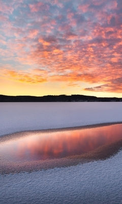 Картинка: Озеро, снег, таяние, зима, закат, вечер, горизонт, облака, небо