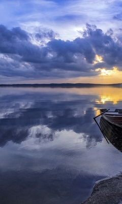 Картинка: природа, закат, озеро, лодка, облака