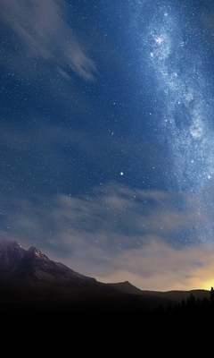 Картинка: Небо, Млечный путь, звёзды, свет, облака, закат, лес, темно, горы