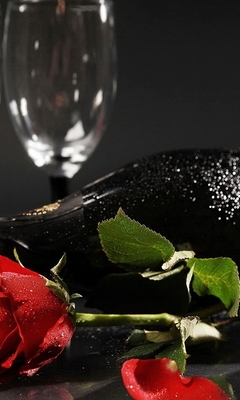 Картинка: Бокалы, бутылка, шампанское, роза, цветок, романтика, тёмный фон