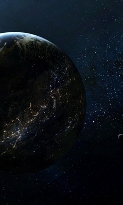 Картинка: Планета, Земля, спутник, Луна, космос, свет, освещение, огни, звезды, млечный путь
