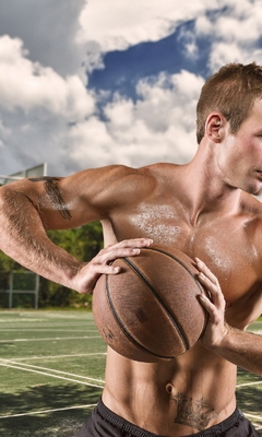 Image: Athlete, ball, man, muscle, playground, game, basketball, sky, clouds