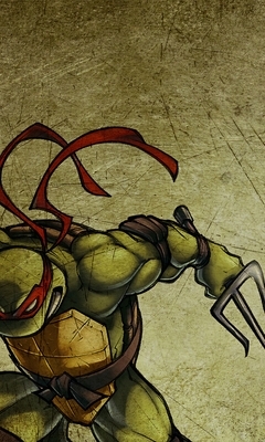 Картинка: Черепашка, ниндзя, Рафаэль, повязка, красный, злой, текстура, зелёный, золотистый, линия, оружие, саи